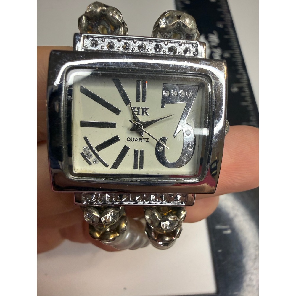 HK Quartz Watch Silver Tone Rhinestone Rectangle Faux Pearl Stretch Band